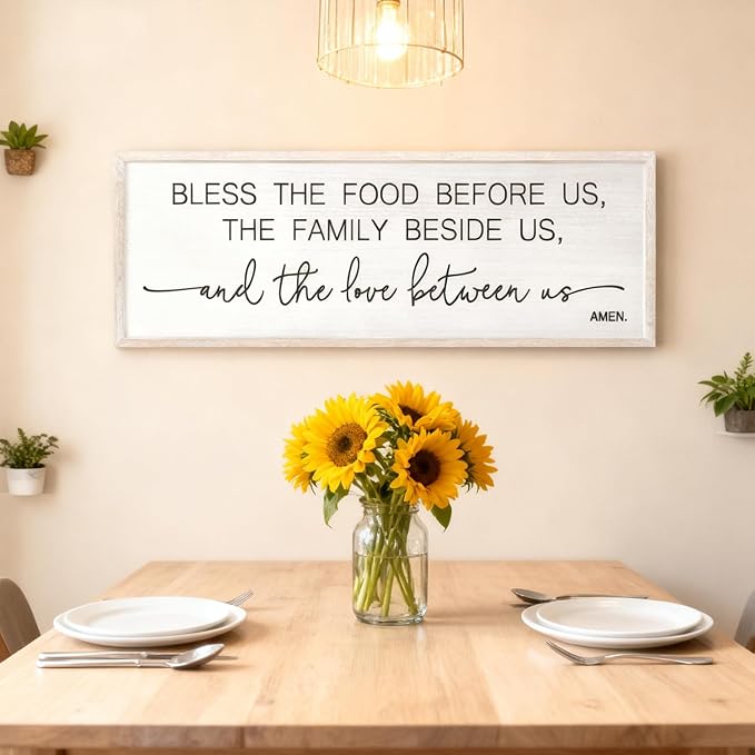 Bless the Food Before Us, the Family Beside Us, and the Love between us Framed Wall Art for Dining Room, 40''×15'' Positive Holy Religious Rustic Bible Verse for Christian God Jesus Christ Prayer