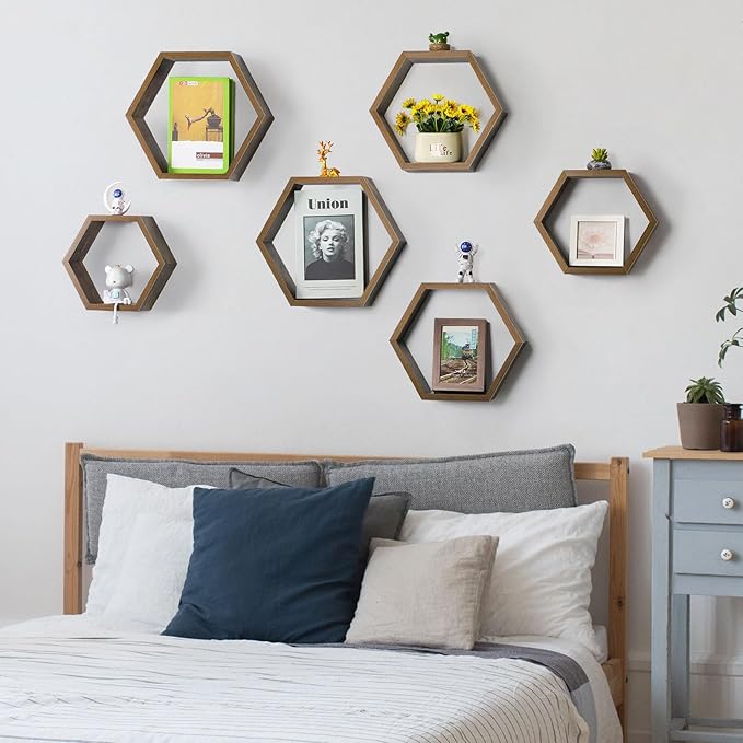 YBING Hexagon Shelves for Wall, Wood Honeycomb Floating Shelves Set of 6,Farmhouse Hexagonal Decorative Storage Shelf MDF for Living Room Bedroom Brown