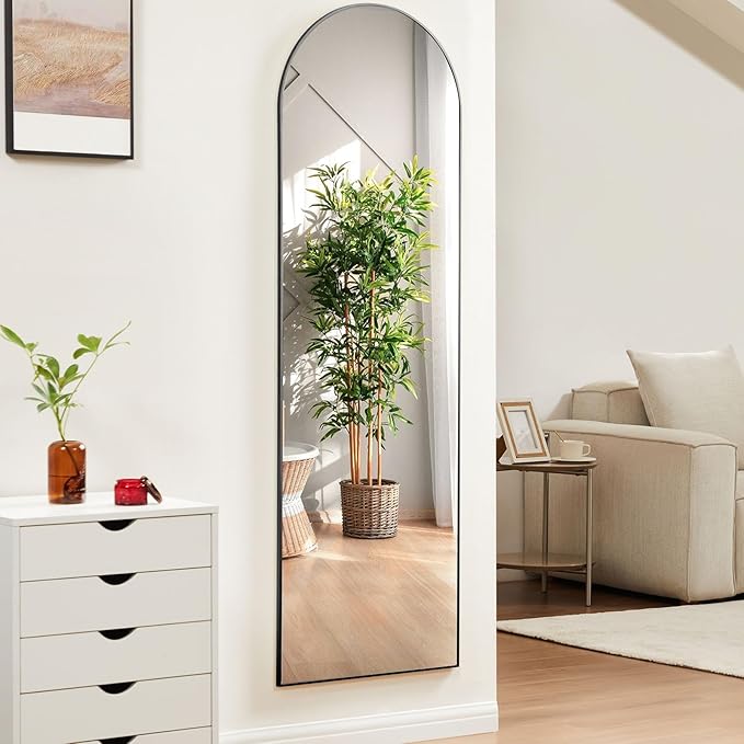 OLIXIS Arched Full Length Mirror 59"x16.3" for Bedroom, Full Body Mirror with Stand, Hanging or Leaning for Wall, Aluminum Alloy Thin Frame Floor Standing for Living Room, Long, Black
