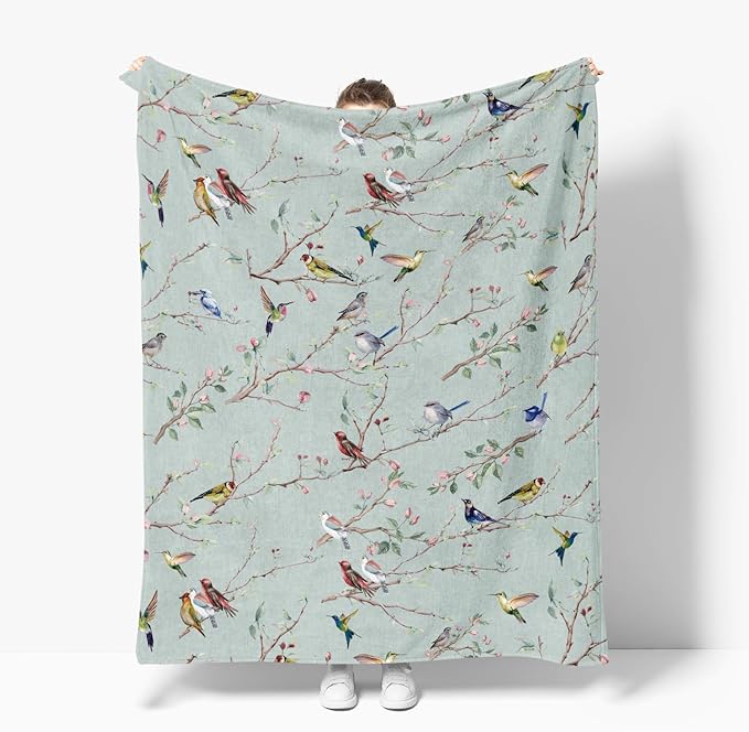 Horaldaily Spring Summer Flannel Blanket Throw, Birds Branch Green Floral Soft Fuzzy Plush Cozy Fleece Blankets for Couch Sofa Bed Lounging, Ideal Gifts for Kids Adults Self, 50x60