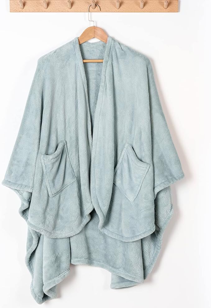 Berkshire Blanket Primalush™ Wearable Blanket, Cozy Loungewear Pocketed Plush Cape Wrap for Adults & Teens(Hazy Sky Blue, One Size 58"X64")