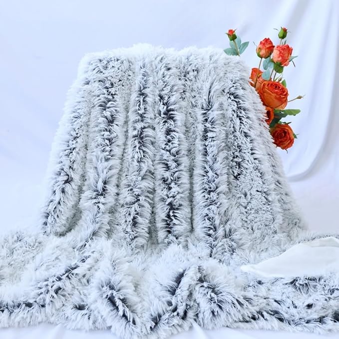 Plush Super Soft Blanket Bedding Sofa Cover Furry Fuzzy Fur Warm Throw Qulit Cozy Couch Blanket for Winter (63"x79",Dark Gray and White)
