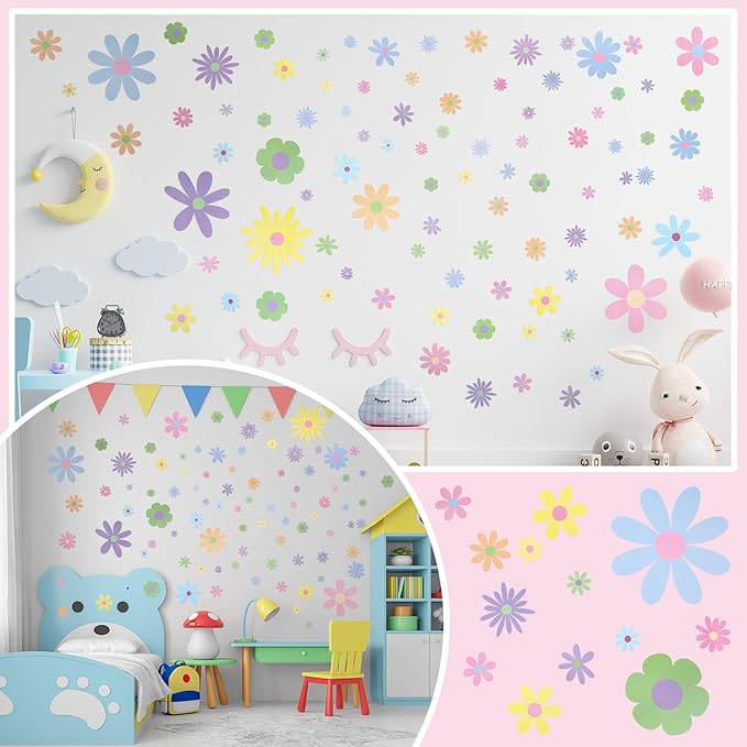 Kisston 90 Pcs Daisy Wall Decal Alphabet Vinyl Wall Decals Boho Decal Daisy Stickers Boho Groovy Floral Stickers for Nursery Art Bedroom Classroom(Pastel)