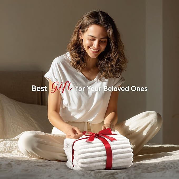 INFIIXSO Sherpa Fleece Queen Size Blanket - Super Soft & Warm Striped Fleece, Cozy Plush Fluffy Large Bed Blanket All Season Use (Off White, 90x90 Inches)