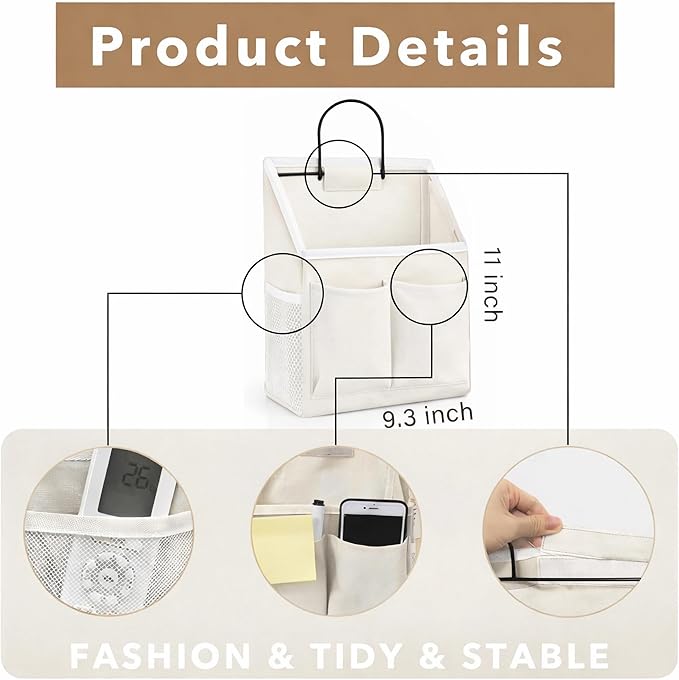 3pcs Wall Hanging Organizer Bag, Linen Fabric Door Hanging Storage Basket with Pockets, Waterproof Bin for Kitchen, Bedroom, Office, RV Camper (White-Upgraded)