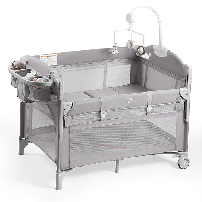 Baby Bassinets Bedside Sleeper, 4 in 1 Portable Bedside Crib w/Mattress, Diaper Changer, Storage Basket, Music Box, Carry Bag, Foldable Playard Sleeper for Newborn (Light Gray)