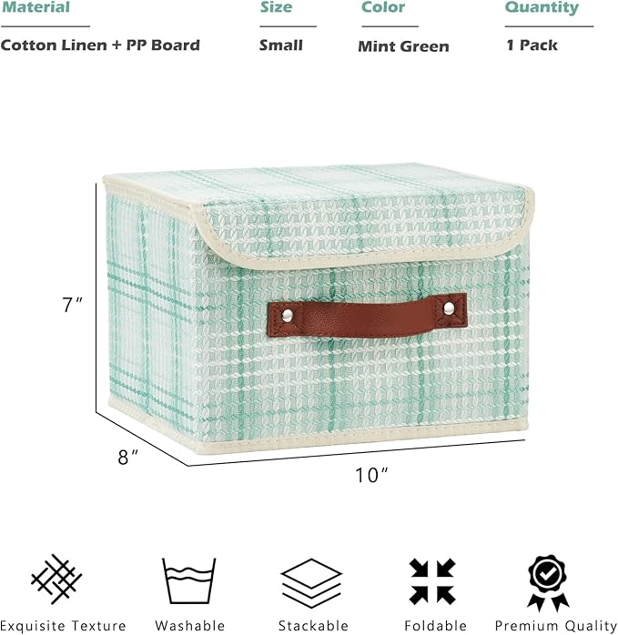 Storage Boxes with Lid 3D Textured Fabric Storage Bins Closet Organizer Containers Decorative Collapsible Washable Shelf Baskets with Faux Leather Handles (Mint Green, Small Size)