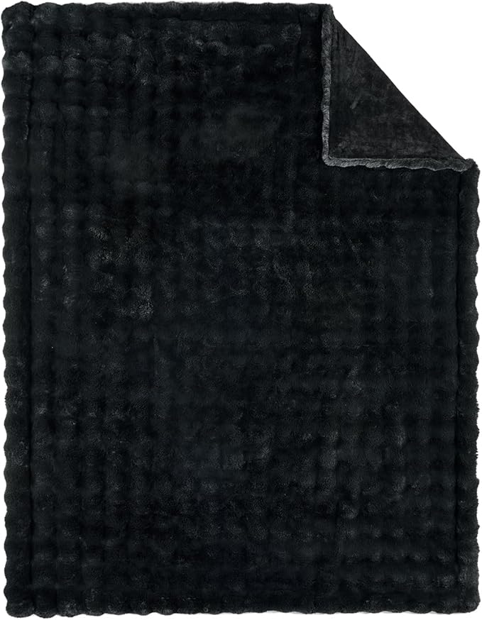 Lotus Karen Faux Fur Blanket Black - Big Bubble Rabbit Fluff King Throw for The Bed Large Fluffy Fuzzy Cozy Thick Furry Plush Shaggy Blankets 108x90 Inches