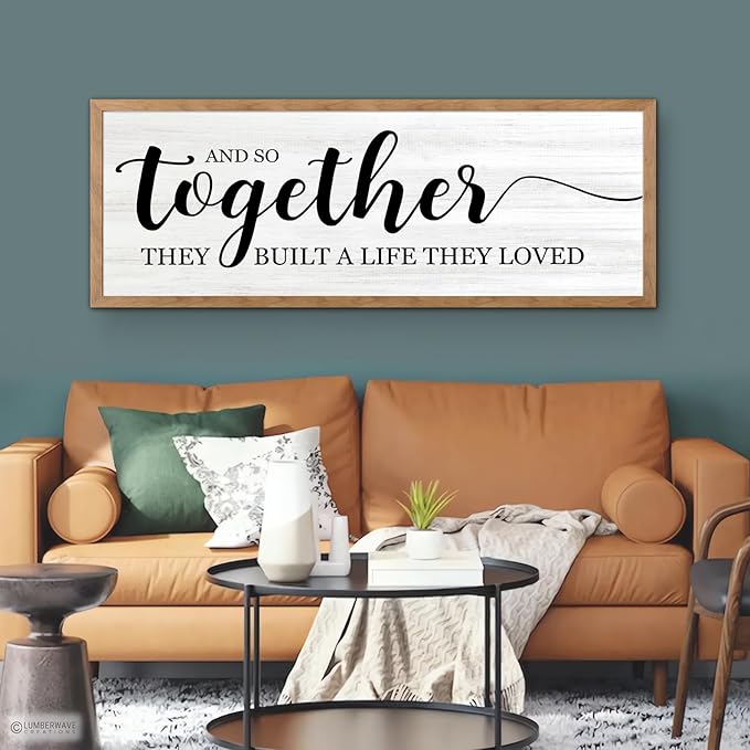 And So Together They Built A Life They Loved Decorative Rustic Sign & Plaque Framed Wall Art for Couples, 40''×15'' Vintage Wooden Horizontal Wall Decor Above Bed, Farmhouse Wedding Gift