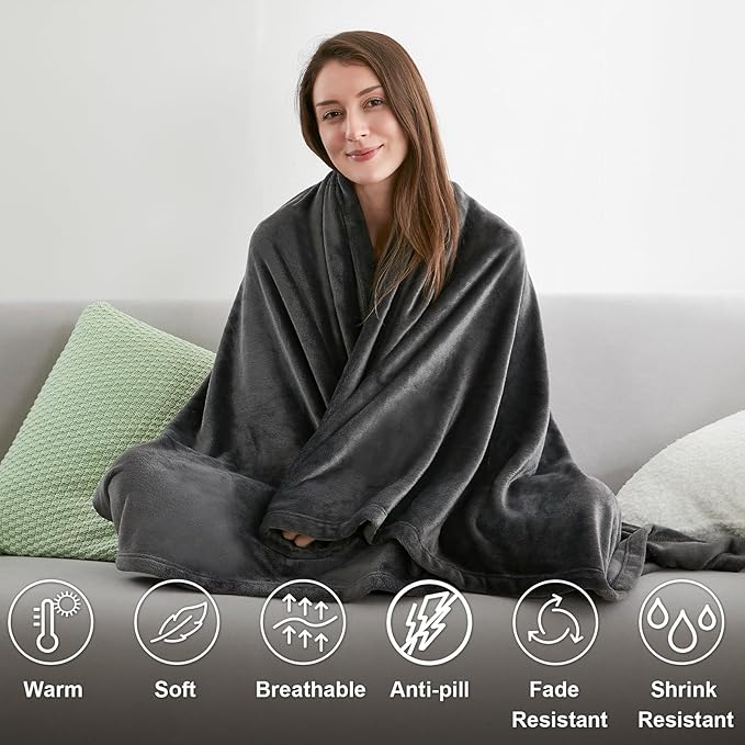 Hansleep Flannel Fleece Throw Blanket Twin Size, Super Soft Fluffy Bed Plush Blanket Throw, Luxury Fuzzy Cozy Couch Blanket for All Seasons, Charcoal, Twin 60x80