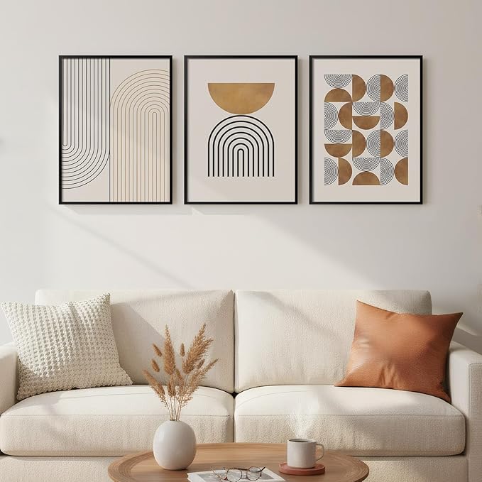 Framed Boho Wall Art for Bedroom, 3 Piece Modern Geometric Canvas Artwork for Walls, Neutral Minimalist Picture Prints for Living Room Dining Room Kitchen Hallway Wall Decor, 12x16 Inch