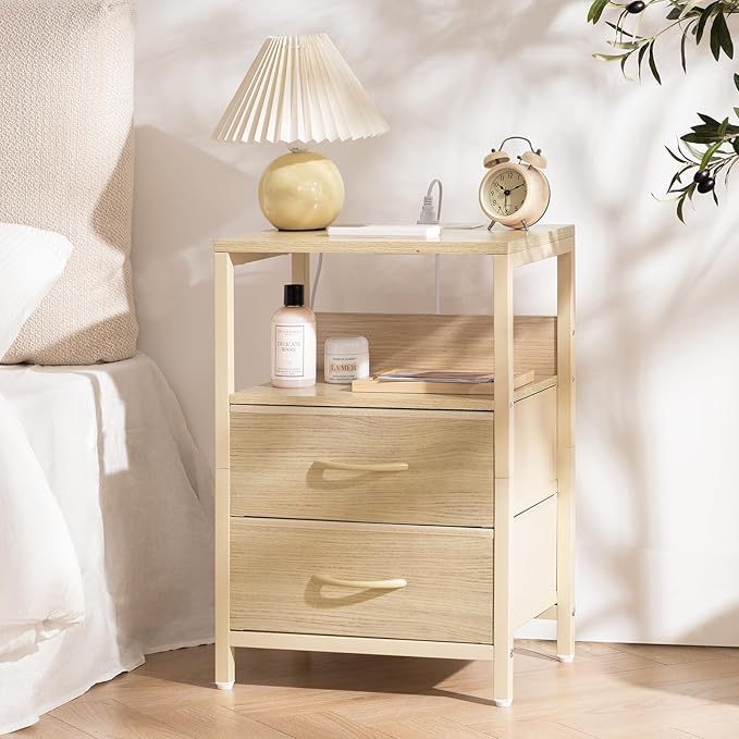 Yoobure Nightstand with Charging Station, Small Night Stand with Fabric Drawers and Storage Shelf for Bedrooms, Nightstands for Small Spaces, Bedside Table with USB Ports & Outlets, Bed Side Table