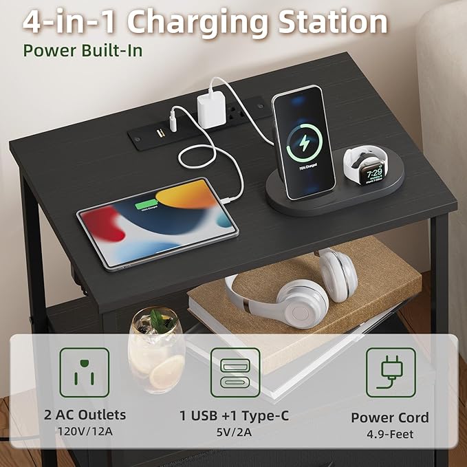Somdot Black Nightstand with Charging Station and LED Light for Bedroom, Tall 3 Drawers Dresser with Fabric Bins for Bedside Kids Dorm Room Closet Laundry Entryway, Black