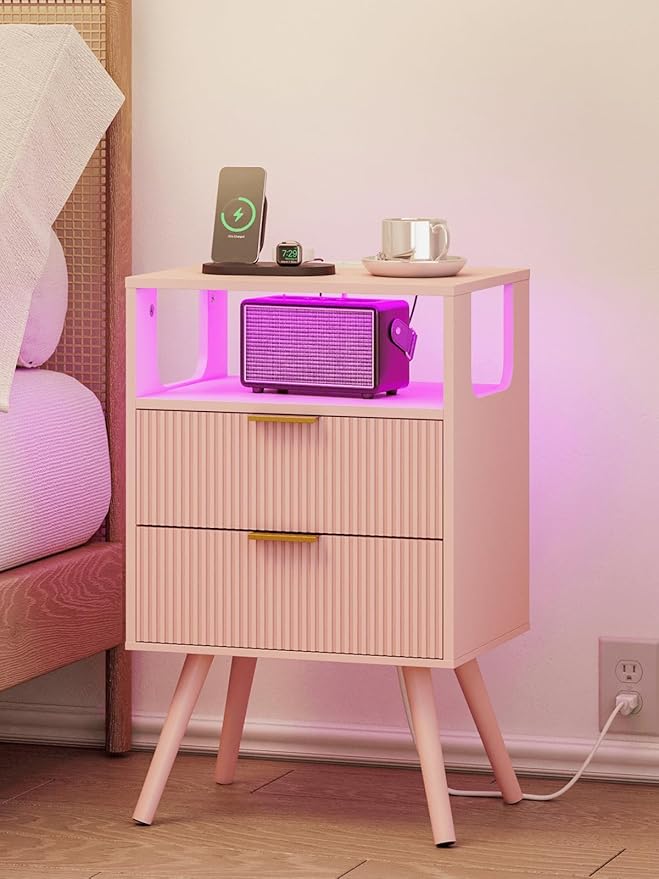 Nightstand, Modern Bedside Table with 2 Storage Drawer and Open Wood Shelf for Bedroom and Small Spaces, Night Stand with Solid Wood Legs (Pink-Outlet)