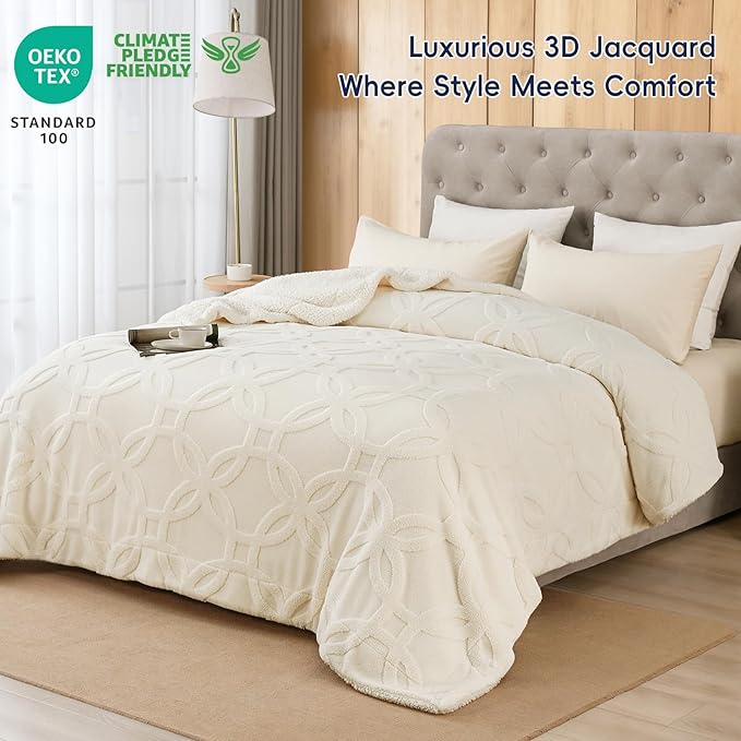 PHF Soft Sherpa Fleece Blanket Queen Size for Bed, 510GSM Fleece Lightweight Yet Warm Blanket, No Shed No Pilling, 90" x 90", Tufted Jacquard Cozy Thick Bed Throw for Home Decor Gift, Cream
