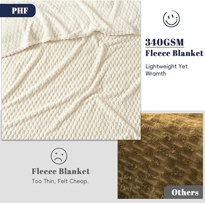 PHF Ultra Soft Flannel Fleece Blanket Queen Size, Lightweight 3D Jacquard Fleece Blanket, No Shedding, No Pilling, Luxury 340GSM Aesthetic Fluffy Cozy for Bed Room Decor, 90"x90", Cream