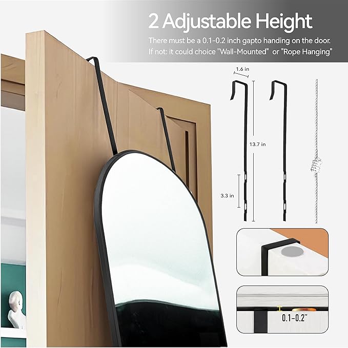 57x20 Door Hanging Full Length Mirror, Floor (Height 5.7ft just Body in1.3ft) or Wall Mounted Metal Frame Arch Dressing Mirrors for Bedroom Bathroom Living Room 57 20 inch Black