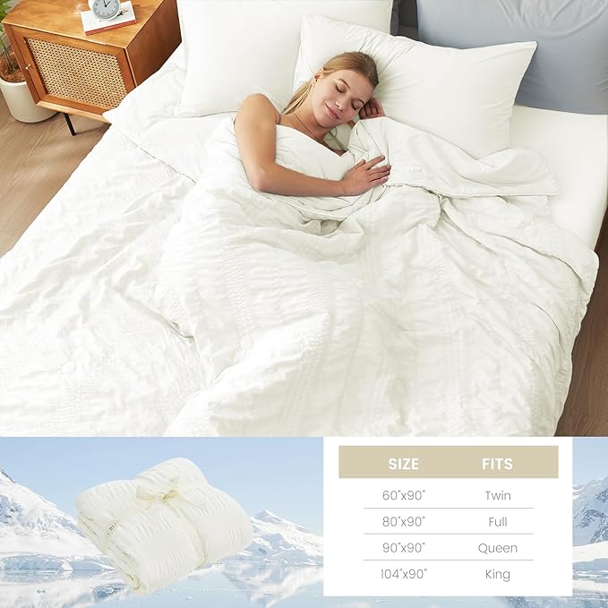 Cozy Bliss Seersucker Cooling Comforter Queen Size, Q-Max 0.45 Reversible Lightweight Cooling Blanket, Breathable Silk Smooth Summer Bedding Quilt for Hot Sleepers Night Sweats Cream White