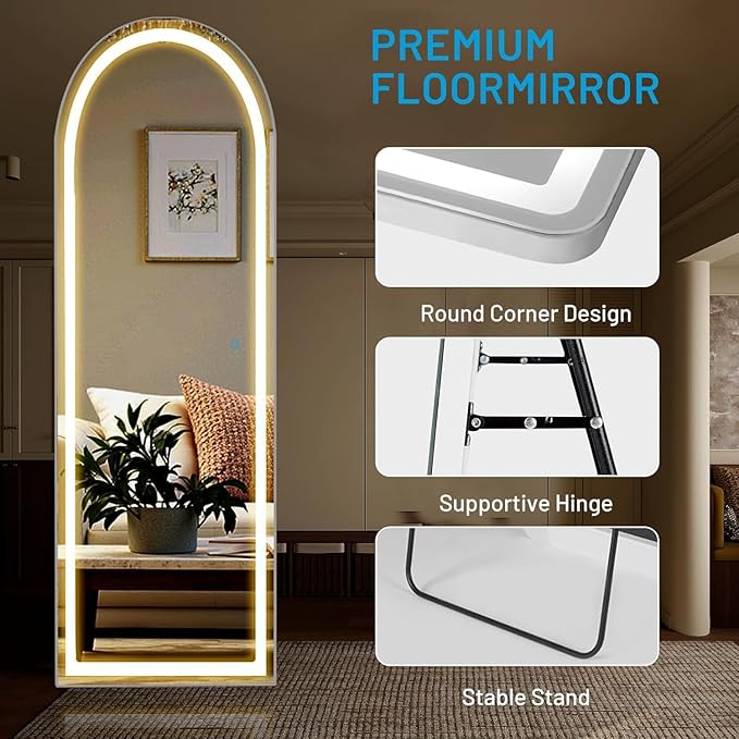 NEWBULIG Arched Full Length Mirror with Stand 20"×63", LED Light Floor Standing with 3 Color Lighting for Bedroom Body Hanging Modern Simple Home Decor Wall Living Room Cloakroom