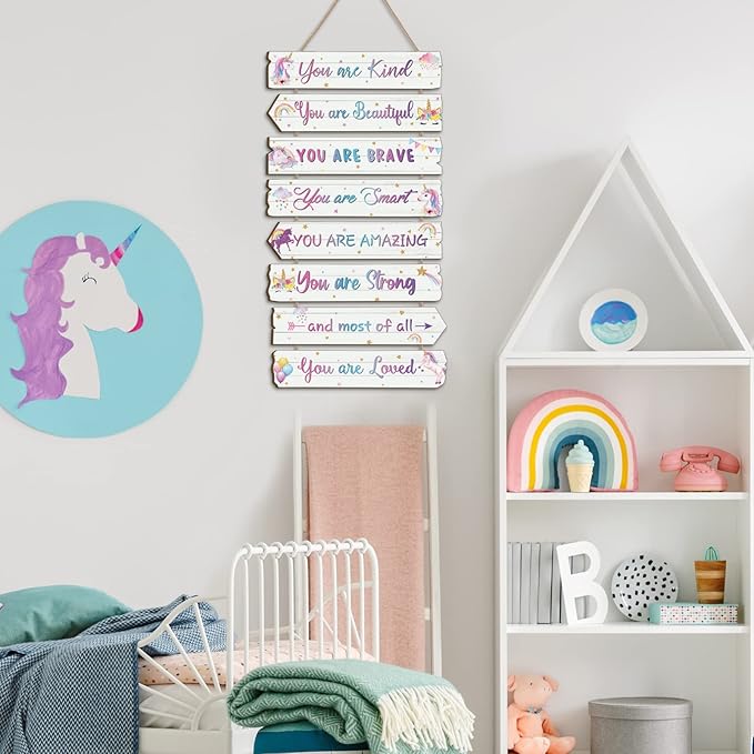Inspirational Girl Room Decor Aesthetic Art Wall Hanging Sign Inspiring Colorful Rainbow Wooden Decoration for Kids Teens Toddler Boy Baby Bedroom Nursery Dorm Decor, 6-12 Years old (Magic Unicorn)
