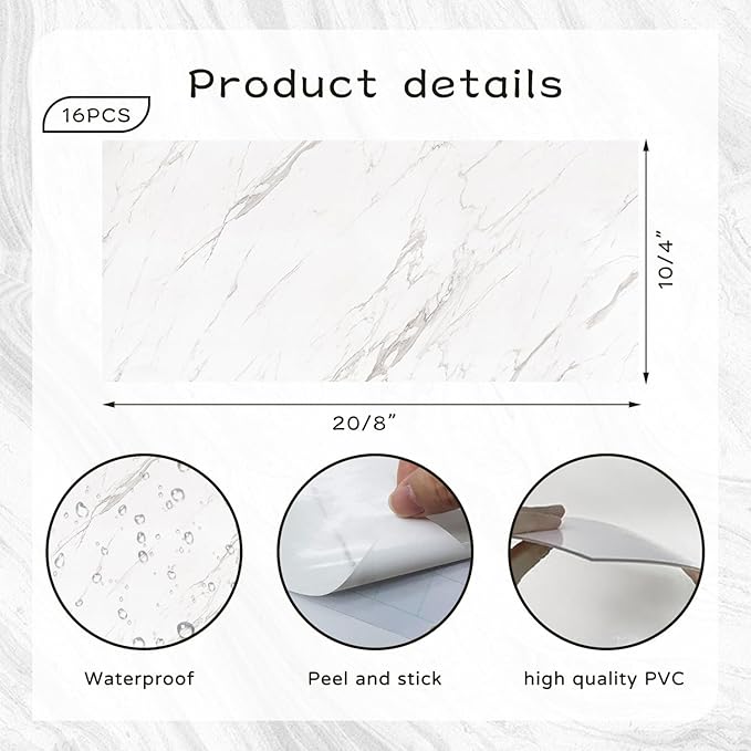 HLNIUC 16-Sheet Grey Kitchen Backsplash Tiles Peel And Stick 8”x4”Grey Marble Look PVC Wall Tile Stickers Shower Sticky Tile for Wall Waterproof Granite Textured Art Wall Tiles for Bathroom Fireplace