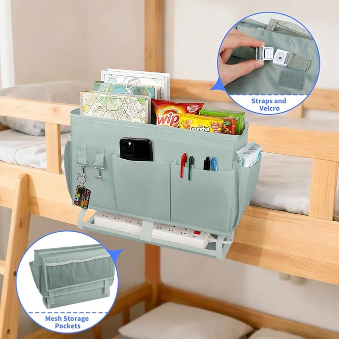 Bedside Caddy for Dorm Bed Bedside Organizer, Bedside Storage with 10 Pockets and Power Strip Holder, Multifunctional Bedside Pocket for Home, College, Dorm, Bunk/Hospital/Crib Bed (Grey)
