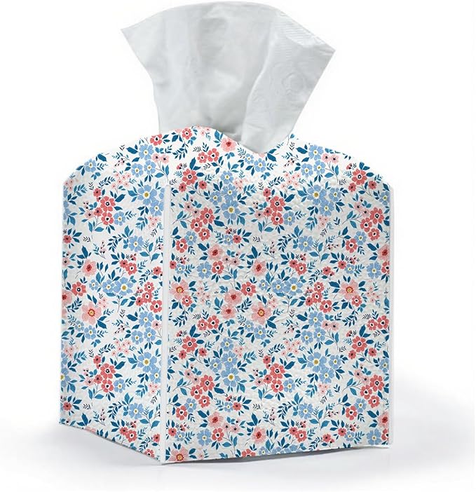 Tissue Box Cover, Tissue Box Holder, Square with Belt Bottom, PU Leather Decorative Organizer for Desk, Tabletop, Countertop Bathroom, Toilet Car, Dresser Kitchen, Aesthetic Pink Blue Flower Decor