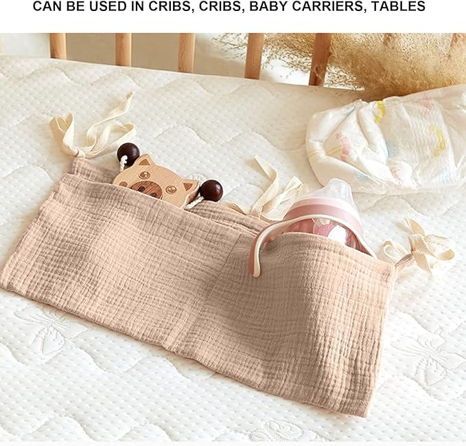 Diaper Caddy, Pure Cotton Cloth Baby Bedside Hanging Storage Bag Diaper Stacker Crib Organizer Hanging for Crib 2 Pockets Adjustable Strap Organizer for Baby Cribs and Toys (Khaki)