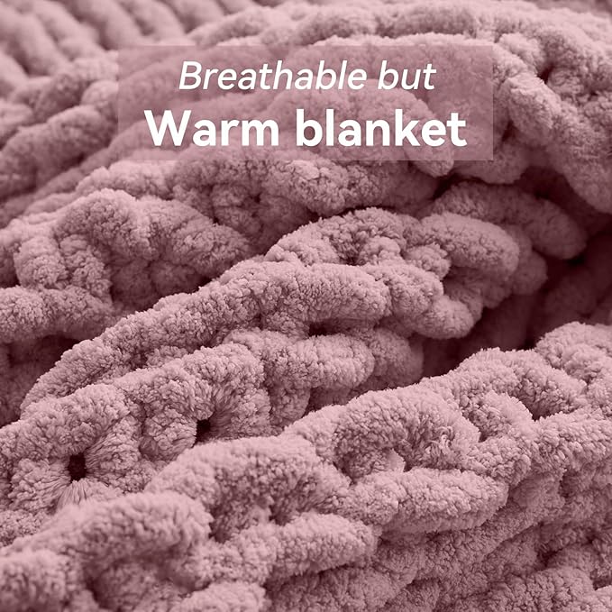 Chunky Knit Throw Blanket, 80''*90'' Knitted Throw Chenille Yarn for Bed Couch, Handmade Muted Pink Crochet Big Thick Blanket, Machine Washable Cute Comfy Blanket for Home Decor