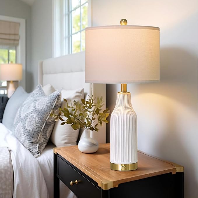 24.5" Modern 3-Way Dimmable Touch Control with 5FT Cord & USB A+C Ceramic Lamps Set of 2 Table Lamp for Living Room Bedroom Farmhouse Nightstand Bedside White