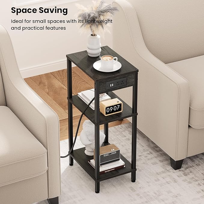 Tall Nighstand with Charging Station, 3 Tier Small End Table with Storage, Skinny Side Table with USB Ports and Outlets for Bedroom, Living Room, Office, Carbon Gray