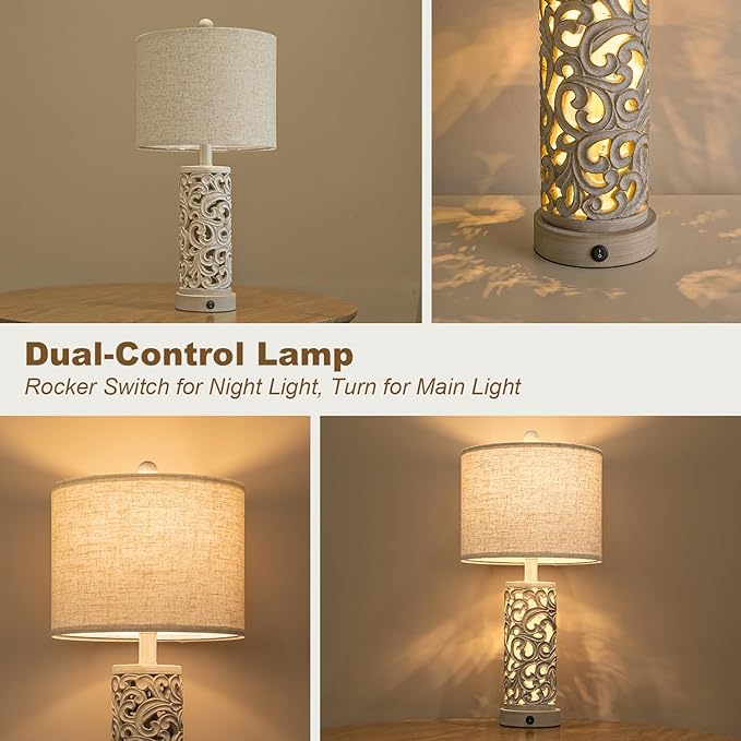 22" Dual Light Table Lamps for Living Room, USB A+C Table Lamp for Bedroom, Farmhouse Lamps for Night Stands with Linen Shade for Home Office(Bulb Included)