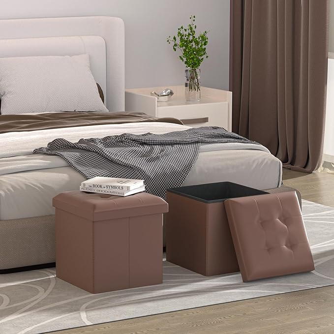 MoNiBloom Folding Storage Ottoman Cube, 15 Inches Small Ottoman with Storage, Footstool Rest Padded Seat for Living Room, Bedroom, Entryway, Hallway, Brown