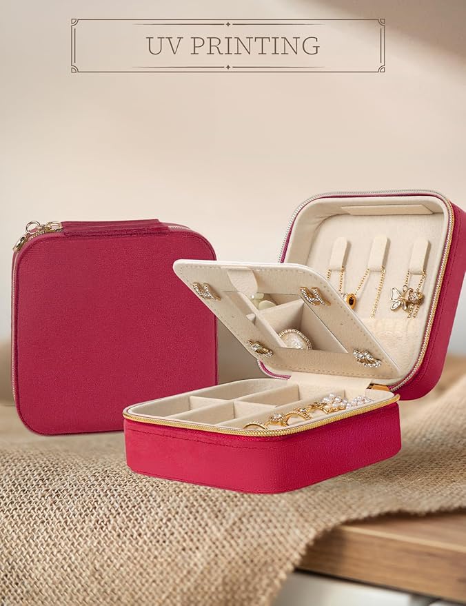 Plush Velvet Travel Jewelry Case Small Jewelry Box Jewelry Organizer Storage Case Portable Jewelry Travel Case for Girls Womens Earring, Necklace, Rings,Bracelets with Mirror