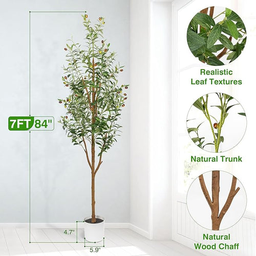 7FT Artificial Olive Tree - Indoor Tall Faux Olive Trees with Planter&Basket, Large Fake Olive Silk Tree Realistic Olive Plants with Branches and Fruits for Home Decor Office Living Room