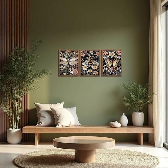 Retro Insect Wall Art Set of 3, Butterfly Bee Dragonfly Gothic Botanical Prints, Rustic Nature Animal Canvas Wall Decor for Living Room Bedroom Office Farmhouse Home Decor 24x16In Wood Framed