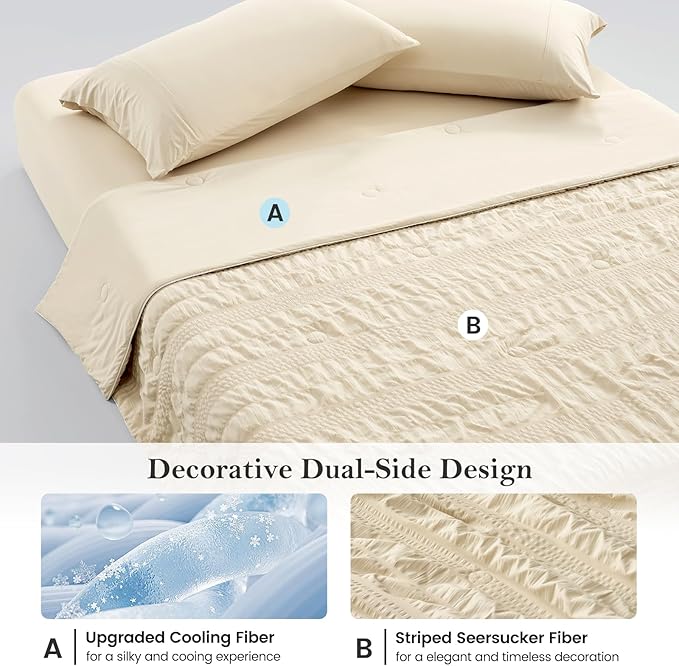 Cozy Bliss Striped Seersucker Cooling Comforter King Size, Lightweight Airflow Silky Cooling Bedding with Q-Max>0.45 for Bedroom, Home Decor, Hot Sleepers & Night Sweats, Khaki 106"×90"