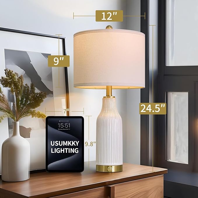 24.5" Modern 3-Way Dimmable Touch Control with 5FT Cord & USB A+C Ceramic Lamps Set of 2 Table Lamp for Living Room Bedroom Farmhouse Nightstand Bedside White