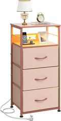 WLIVE Nightstand with Charging Station, 31.9" H Nightstand with 3 Fabric Drawers, LED Bedside Table with USB Ports and Outlets, End Table for Dorm, Bedroom, Entryway, Pink