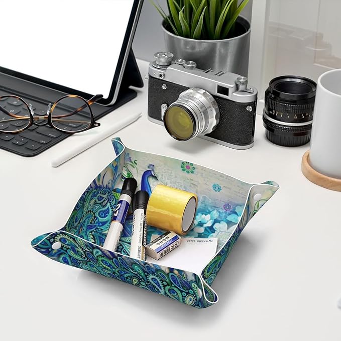 Peacocks and flowers Leather Vanity Tray Desktop Storage Organizer, Decorative Catchall Perfume Tray, Bathroom Valet Tray,Nightstand Caddy Holder for Keys Phone Wallet Coin Jewelry, S