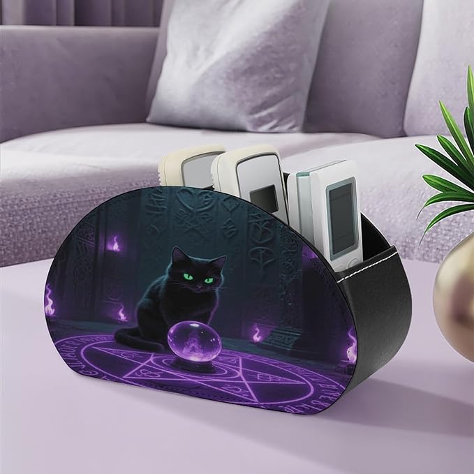 Witchcraft Cat Remote Control Holder Organizer Box with 5 Compartment PU Leather Bedside Storage Caddy Remote Organizer for Controller Media Player Pen/Pencil Storage