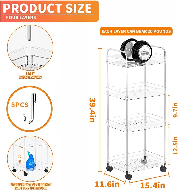 Yieach 4 Tier Acrylic Clear Rolling Cart with Wheels,Plastic Storage Cart on Wheels for Bedside,Dorm Room,Bathroom Organizers and Storage Shelf,Utility Cart Organizer for Snack,Craft,Art,Makeup,Baby