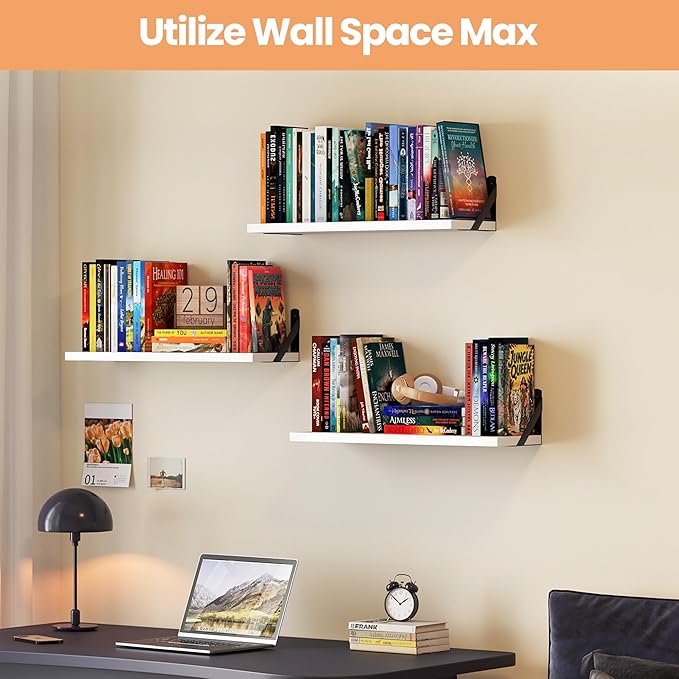upsimples 23.6 Inches Floating Book Shelves for Wall, Floating Wood Shelves for Living Room, Laundry Room, Bedroom, Office Organizer and Storage, White