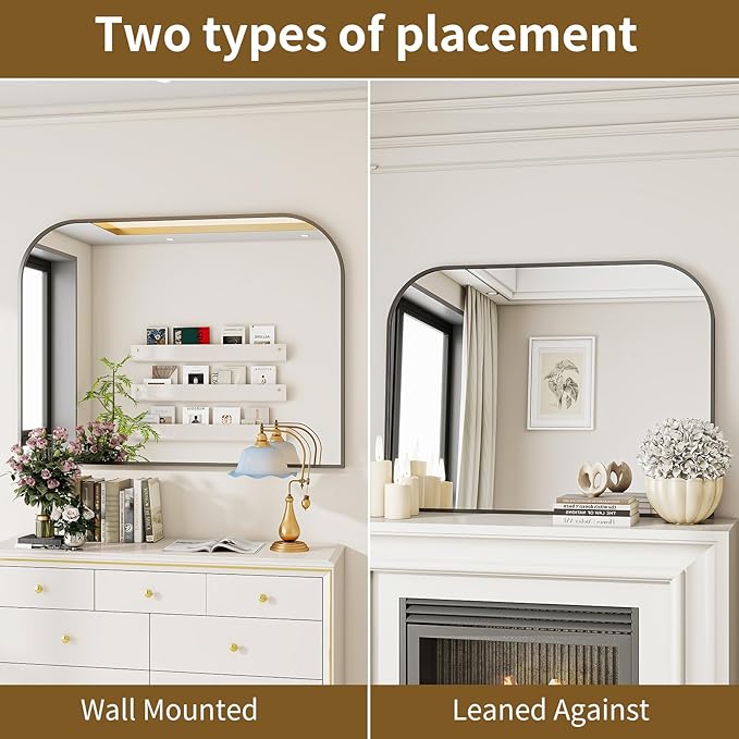 Black Wall Mounted Bathroom Mirror - 48 x 30 Inch Round Cruved Top Right Angle Bottom Wall Mirror, Aluminum Metal Framed, Decor for Living Room, Bedroom, Fireplace, Mantle, Entryway