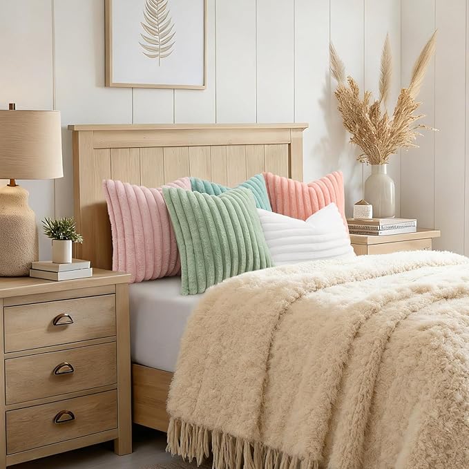 decorUhome Summer Cozy Faux Fur Throw Pillow Covers 16x16 Set of 2 Decorative Plush Striped Modern Farmhouse Boho Couch Pillow Cases with Velvet Back for Sofa Bed Living Room, Blush Pink