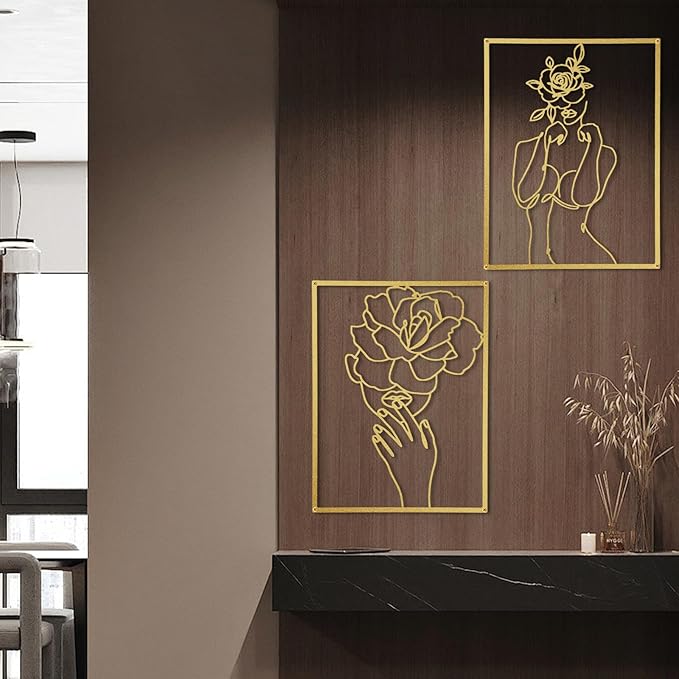 GOKURVG Wall Art Over Bed Wall Decor 3Pcs Metal Wall Art Above the Bed Wall Decor Minimalist Single Line Art Flower Woman Wall Art Gold Room Decor for Bedroom Modern Wall Art for Indoor 16.5x12.5in