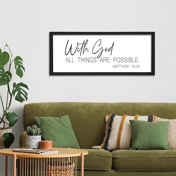flowtorely With God All Things Are Possible Wall Decor Scripture 24"×10" Matthew 19:26 Bible Verse sign Christian Large Wood Framed Wall Hanging (Black)