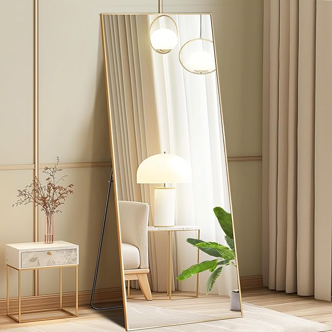 Mirror Full Length, Upgraded Body Wall Mirrors with Shatter-Proof Glass, Floor Standing, Hanging or Leaning, Tall Mirror with Stand Aluminum Alloy Frame for Bedroom