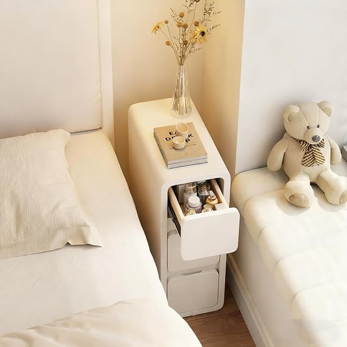 AQIMUELE Narrow Nightstand - Narrow Bedside Table with Drawers, Wood Small Nightstand with Leather Surface for Bedroom, White - 7.9" W