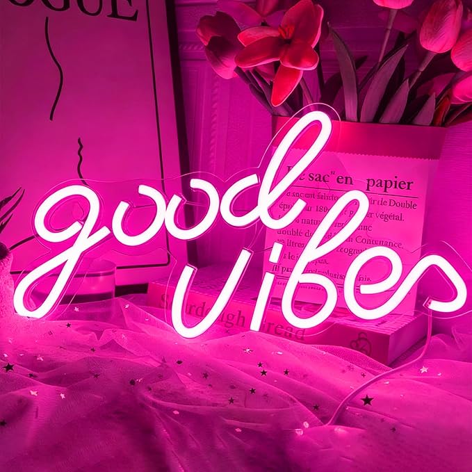 Good Vibes Neon Sign Pink Good Vibes Neon Lights USB Operated Aesthetic LED Signs for Bedroom Wall Decor Birthday Party Wedding Salon Bar Home Girl Cave